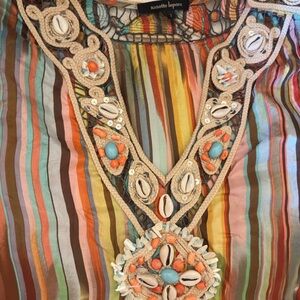 Vintage All Silk Striped Dress Turquoise Cowrie Shell Coral Jeweled Neckline